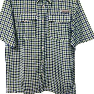 Habit Fishing Shirt Vented Plaid Button Up Short Sleeve Green‎ Blue Size?